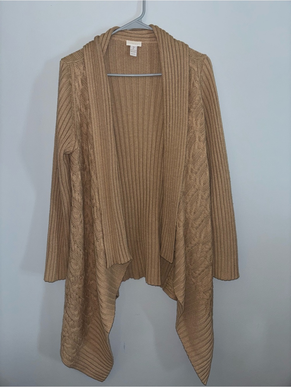 👢Chicos Women's Tan Open-Front Rib & Cable Knit Cardigan